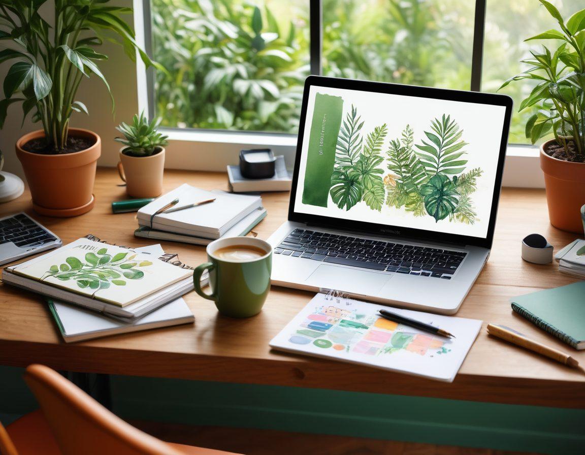A creative workspace filled with various content creation tools like a laptop, notepad, and camera, surrounded by colorful sketches and digital screens displaying blog post drafts. The atmosphere is inspiring, with plants and warm lighting, showcasing a blend of innovation and creativity. Include a coffee cup placed thoughtfully on the desk. watercolor painting. vibrant colors.