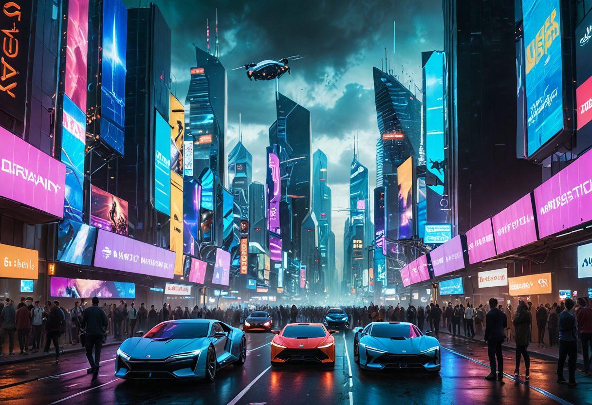 A futuristic cityscape with sleek skyscrapers adorned in digital screens showcasing breaking technology news and innovations. Highlight a diverse group of people engaged in discussions while pointing at holograms of tech gadgets. Incorporate vibrant colors to emphasize a lively atmosphere of progress and collaboration. Include elements like drones and electric vehicles in the backdrop to capture the essence of cutting-edge technology. super-realistic. vibrant colors. cyberpunk.