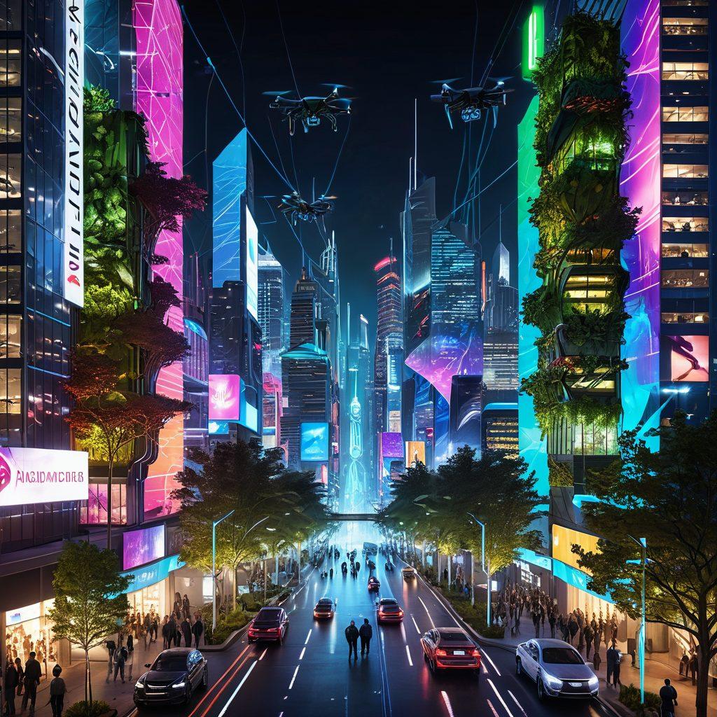 A futuristic cityscape with a diverse group of bloggers discussing technology on digital devices, vibrant holographic displays illuminating their surroundings, with elements like flying drones and network connections symbolizing the digital frontier. The scene should convey innovation and collaboration, blending elements of nature and technology harmoniously. super-realistic. vibrant colors. cyberpunk.